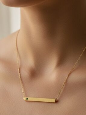 Gold Bar Necklace with Green Accent